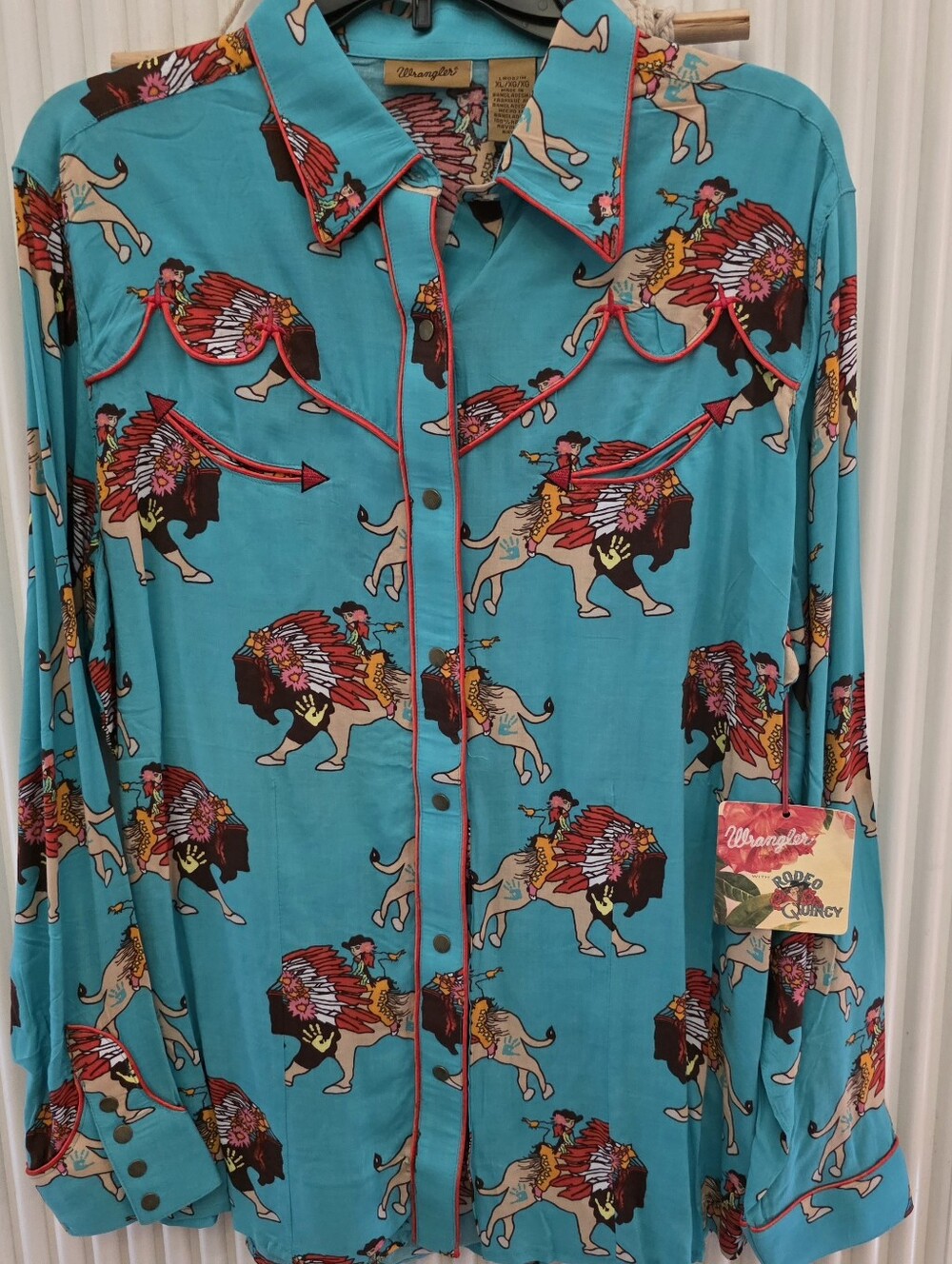 Wrangler Turquoise Western Buffalo Print Snaps Shirt Long Sleeve